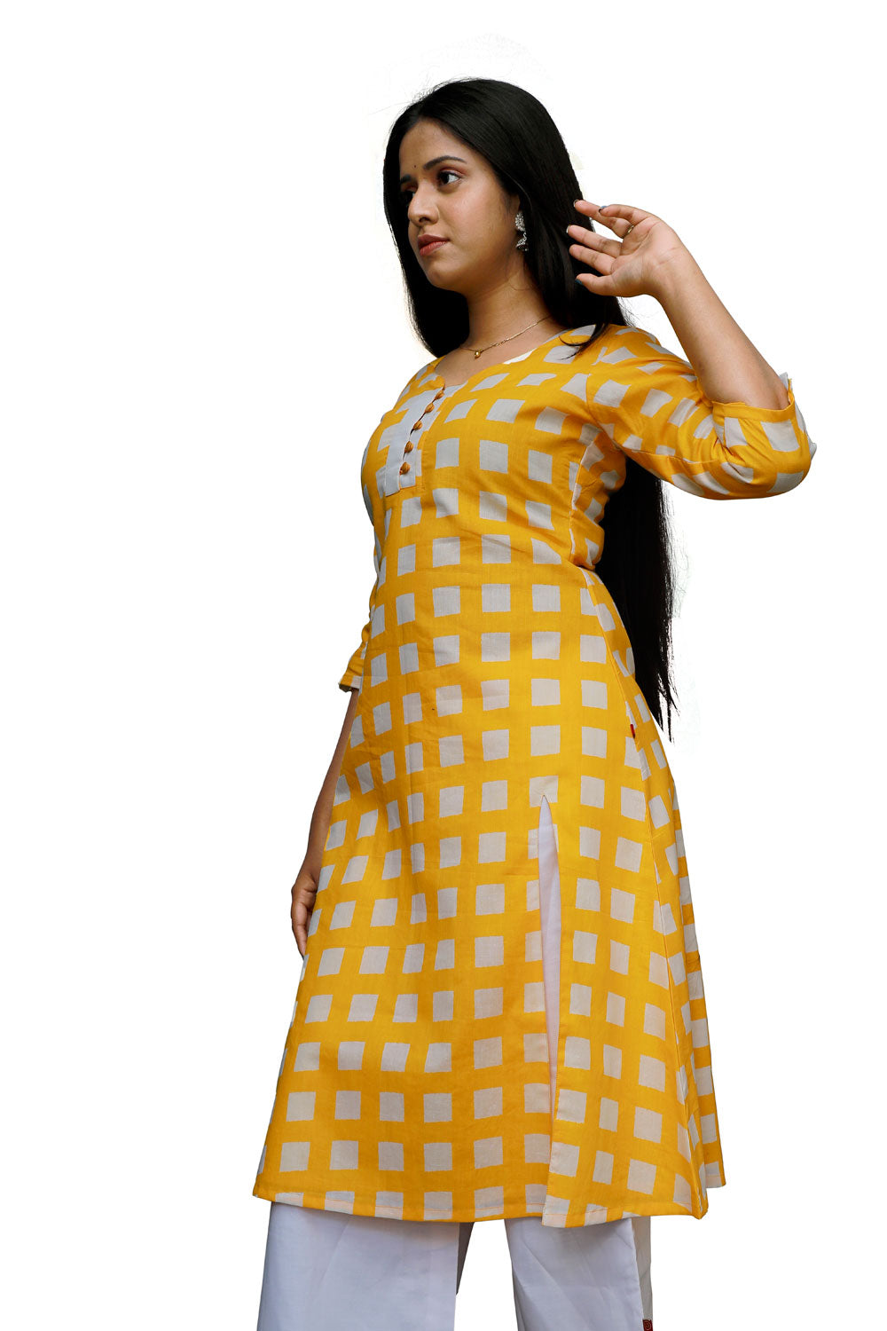 Yellow Printed Straight Kurti | S3K418