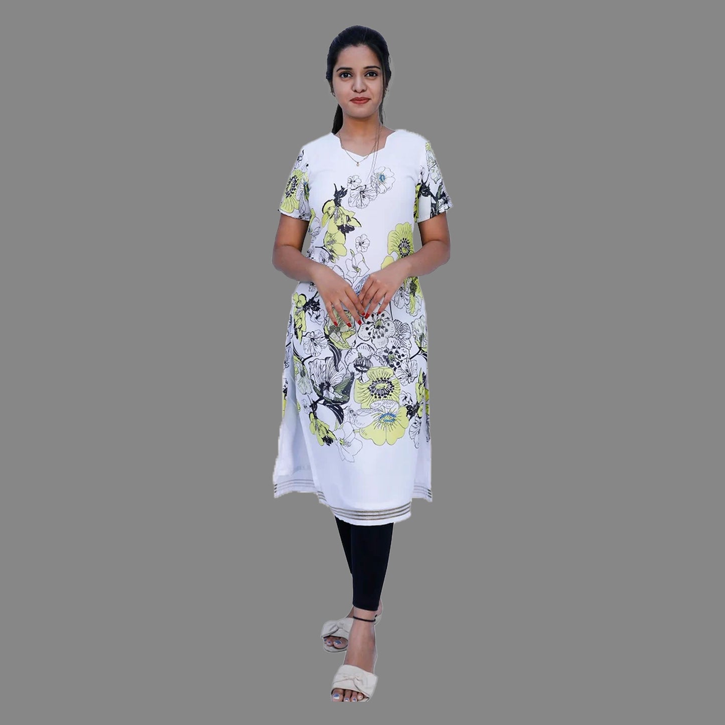 White Floral Printed Straight Kurti | S3K537