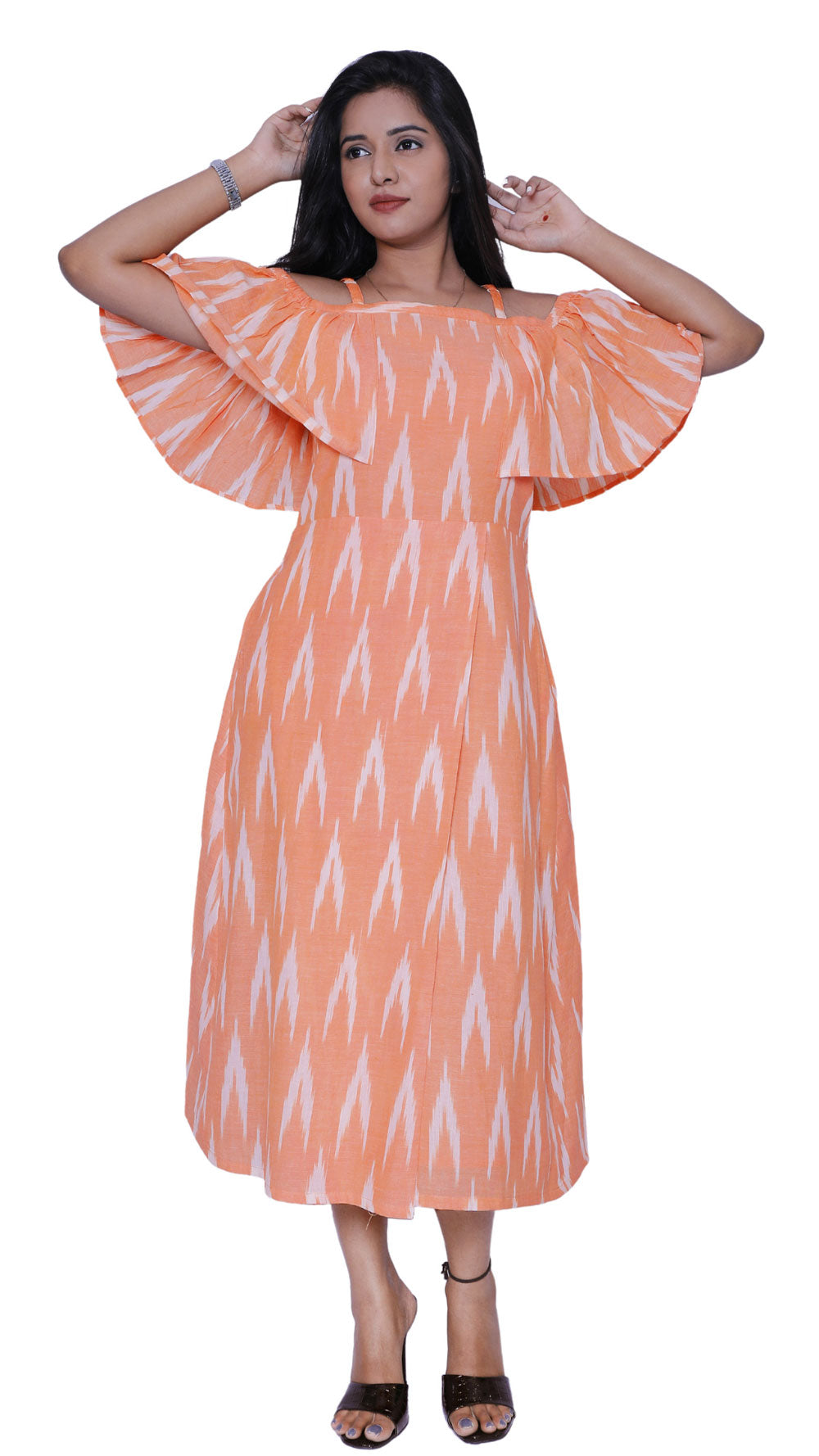 Women ikkath print cold shoulder straight gown|S3G578