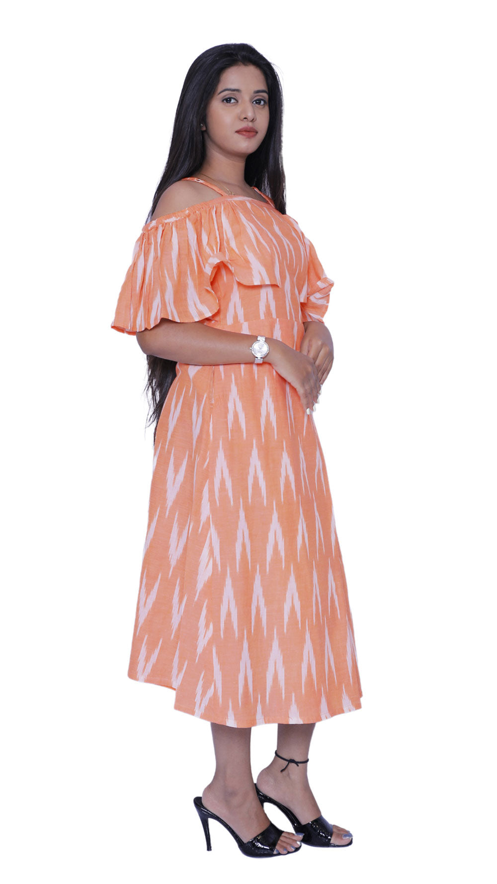 Women ikkath print cold shoulder straight gown|S3G578
