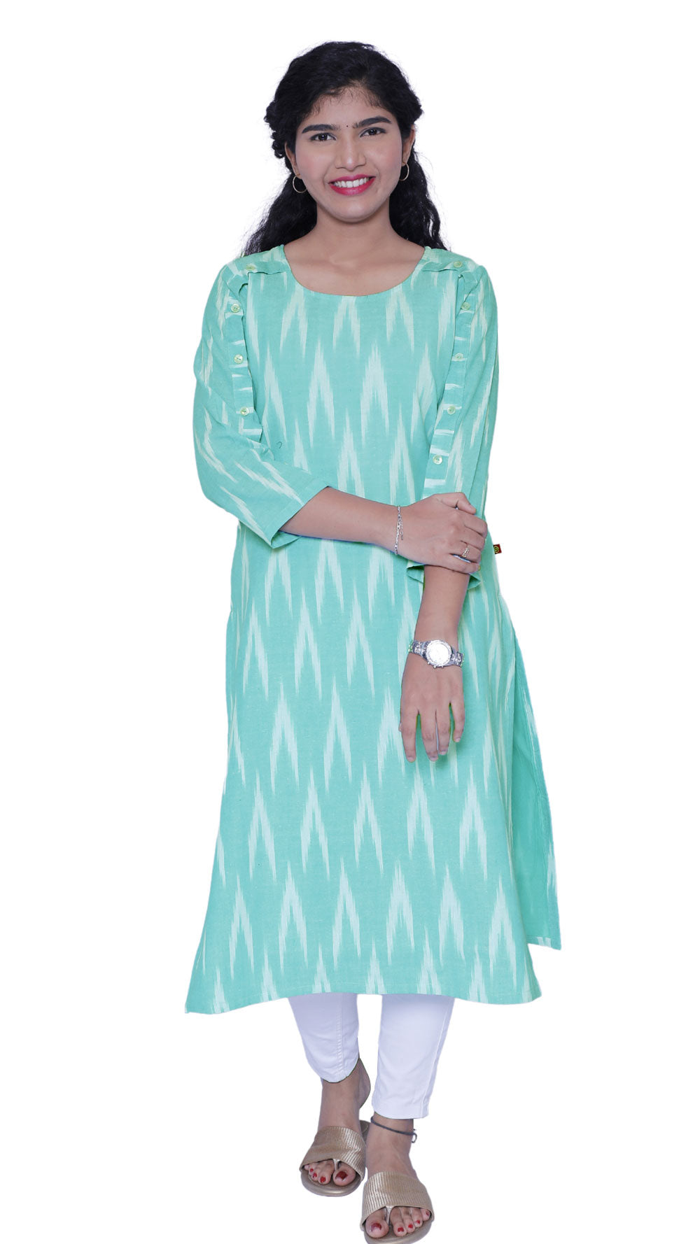 Women Ikkat Pure Cotton Straight Kurta( AquaBlue) | S3K596