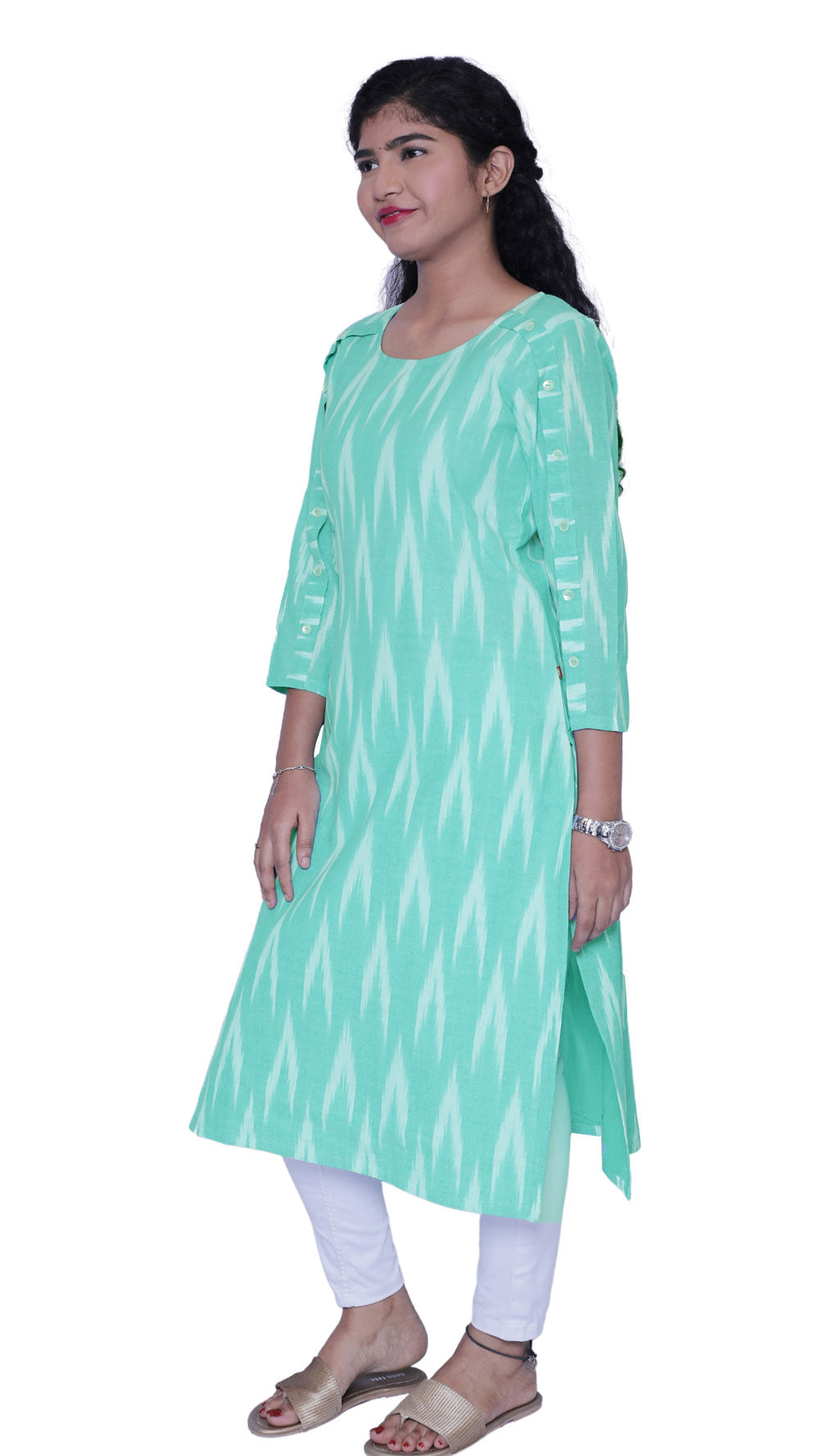 Women Ikkat Pure Cotton Straight Kurta( AquaBlue) | S3K596