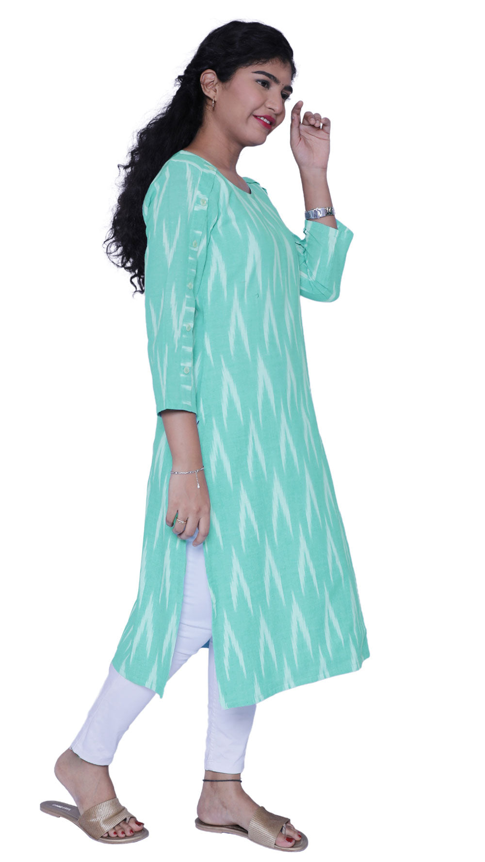Women Ikkat Pure Cotton Straight Kurta( AquaBlue) | S3K596