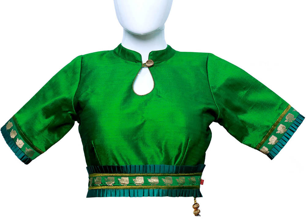 Mandarin Collar Neck Slimy Green Elbow Sleeves with Embellished Belt Blouse | S3B34