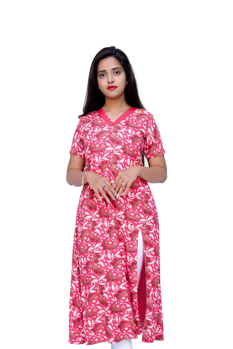 White&Red Floral Printed Front Slit Kurta | S3K740/A