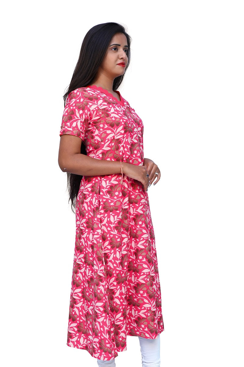 White&Red Floral Printed Front Slit Kurta | S3K740/A