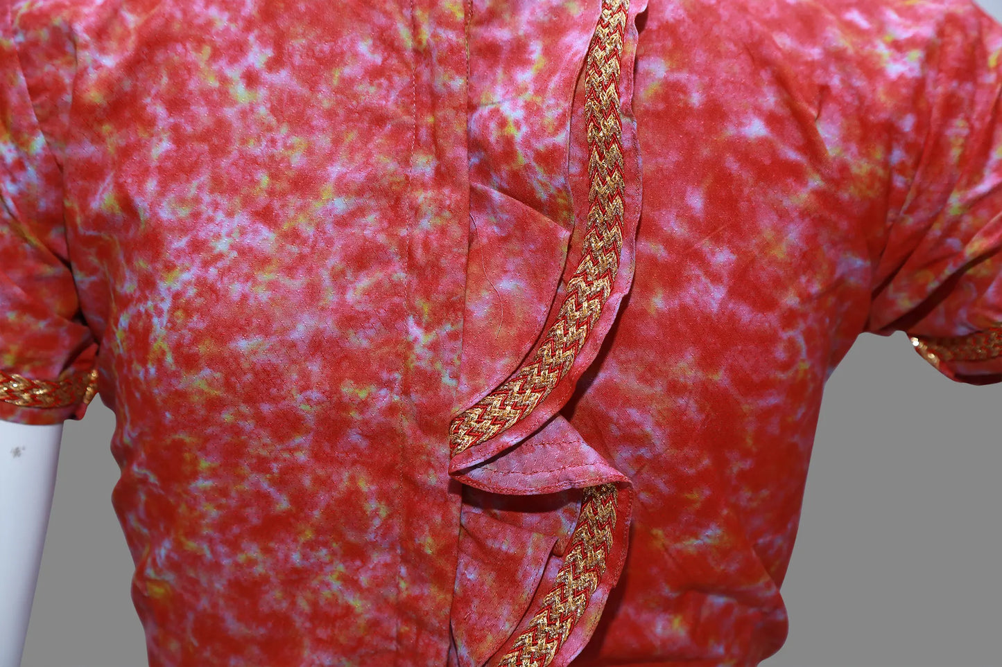 Red Tie & Die Boat Neck Short Sleeves with Back Frills Blouse | S3B1168