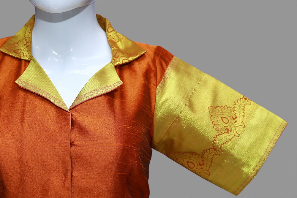 Pattu Orange & Gold Blazer neck 3/4 Sleeves Blouse | S3B1181