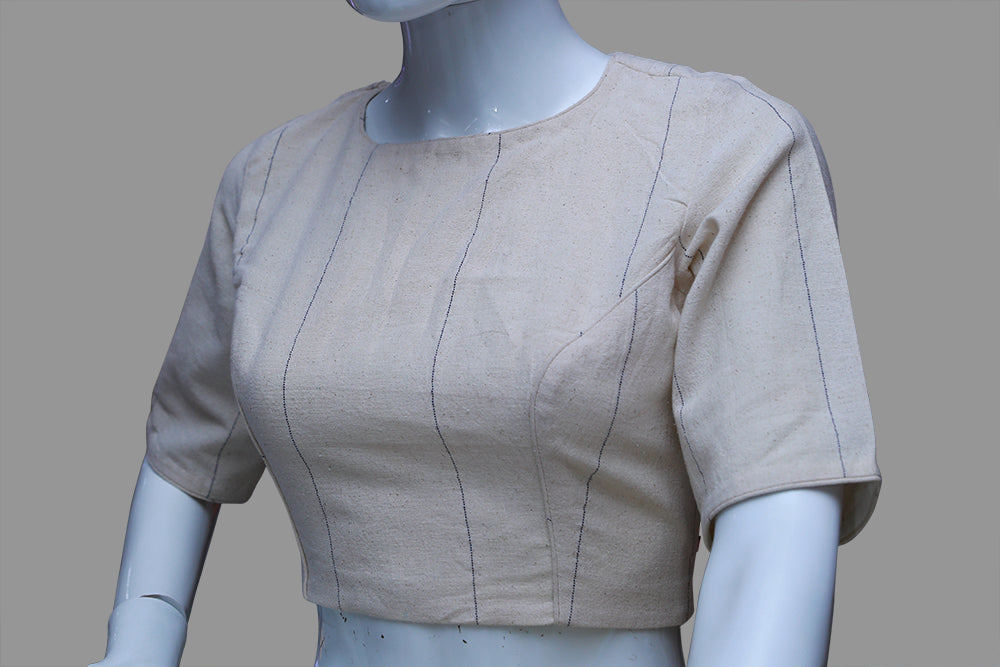 Off- White Planket Round Neck Elbow Sleeves Blouse | S3B1170