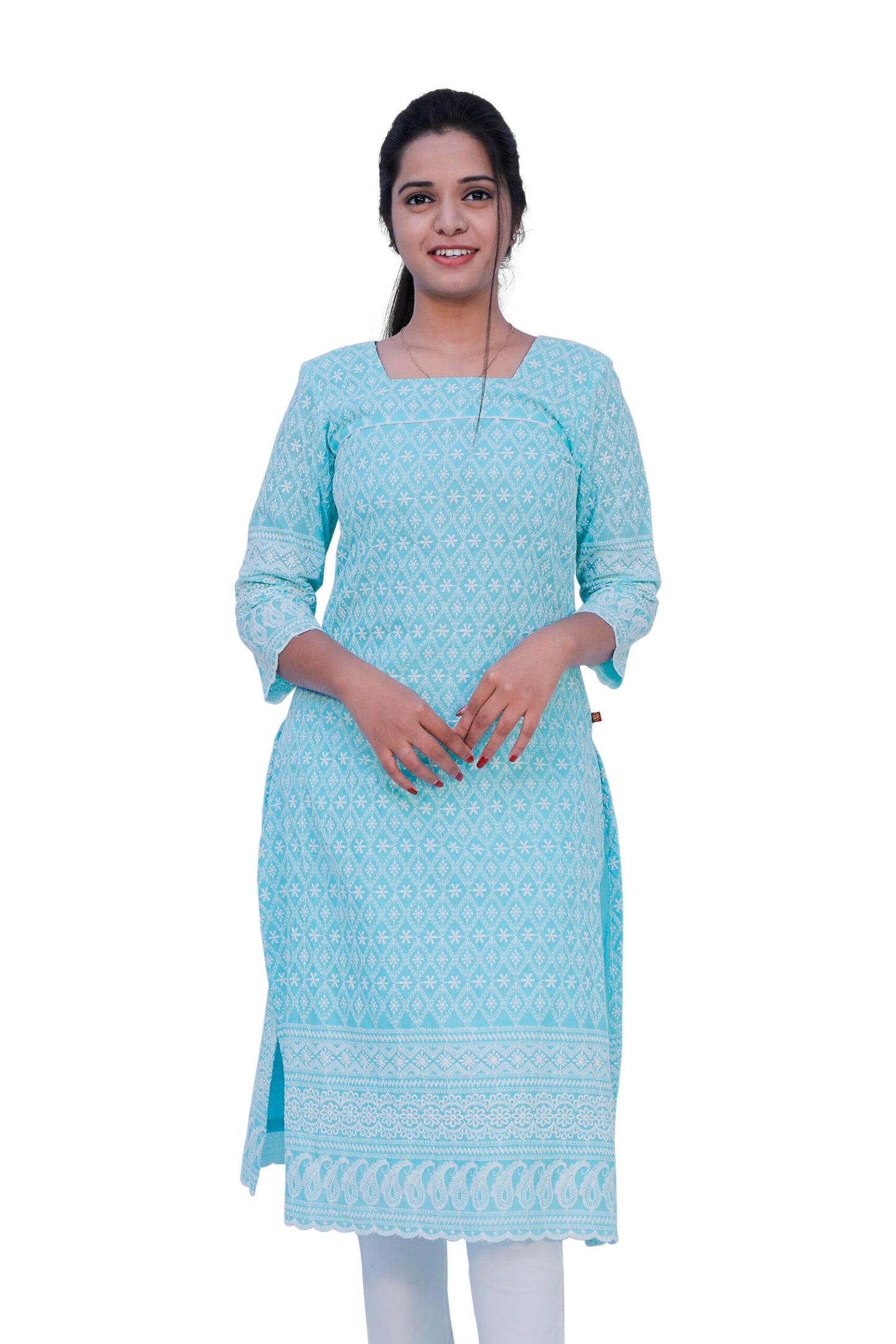 Women’s Blue Chikan Embroidery A-Line Kurta – Elegant Ethnic Wear | S3K638