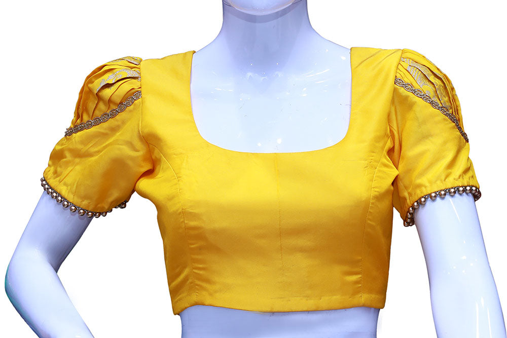 Women’s Yellow Embellished Blouse with Lace & Puff Sleeves – Festive Chic | S3 Fashions | S3B18