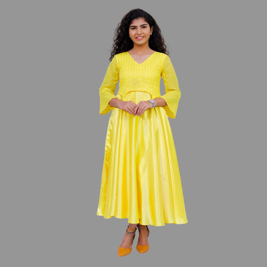 Yellow Sequin & Satin Gown – Glamorous Evening & Party Wear| S3G303