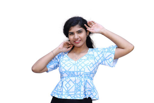 Women White and Blue Casual Printed Top | S3CT847