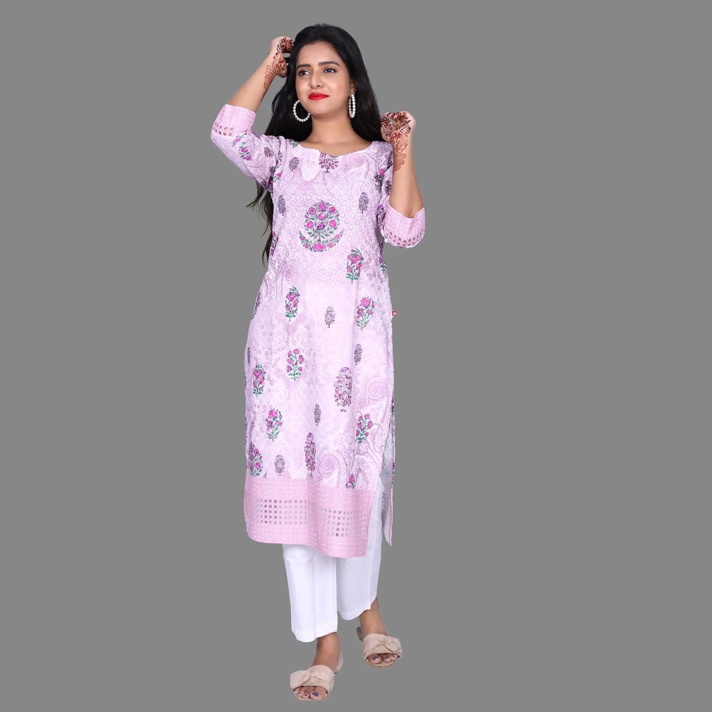 Womens Chikankari Pink Sequin with Thread Embroidery Kurti | S3K973