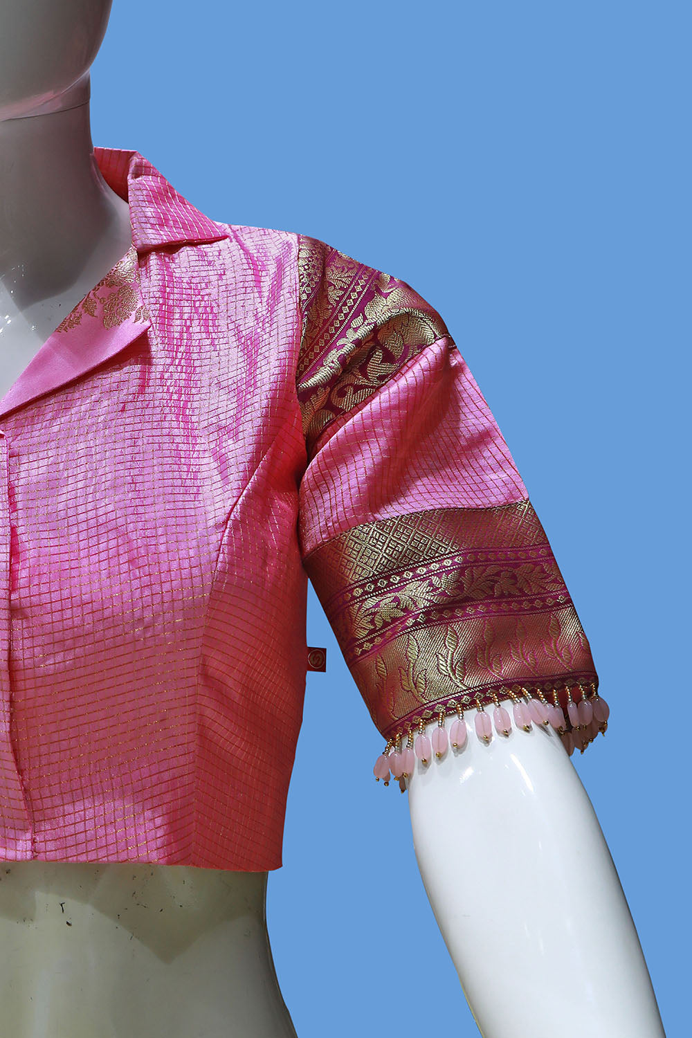 Blazer Collar Neck pure silk pattu Blouse with Patches On Sleeves | S3B45
