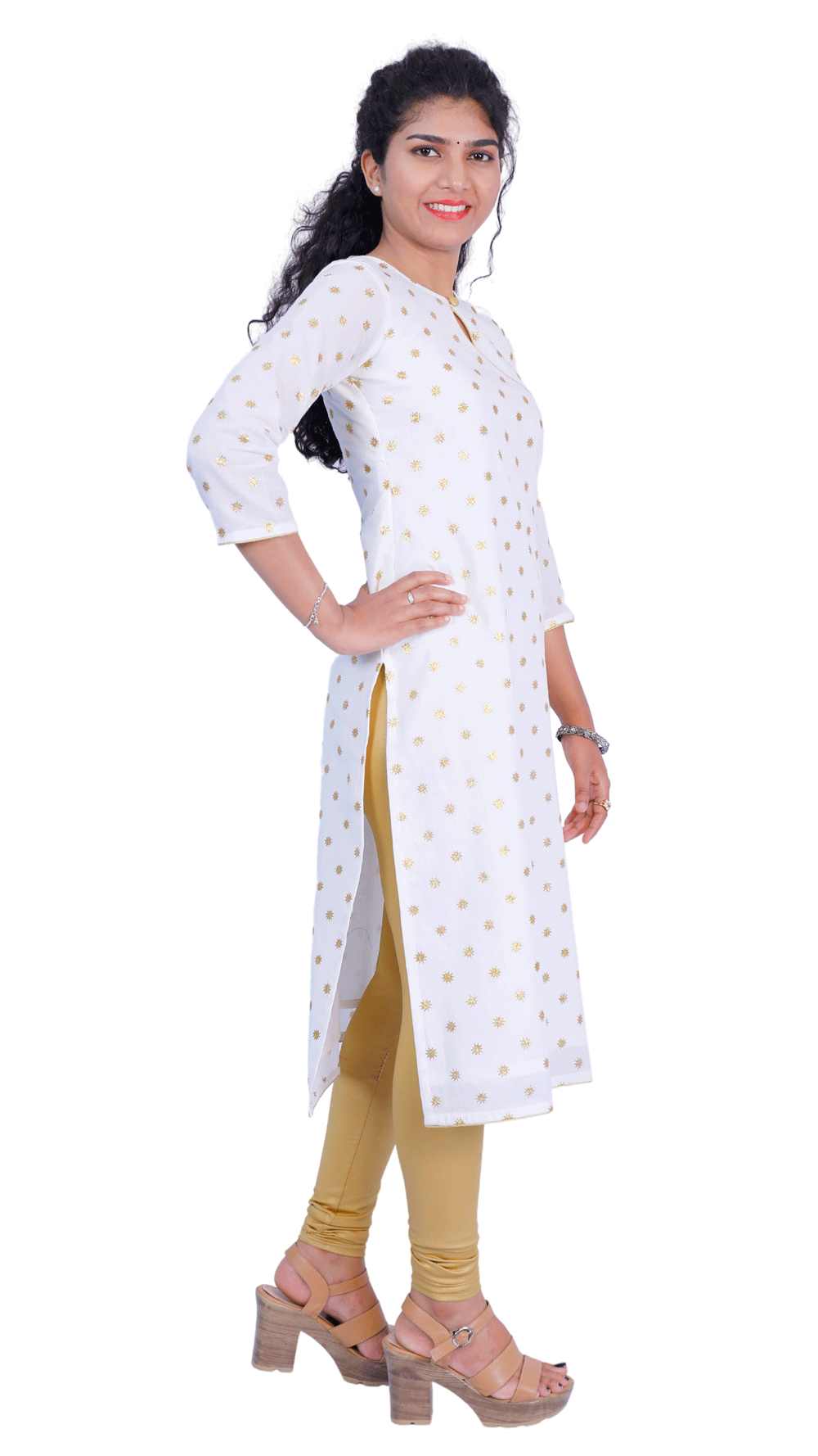 White Golden Print Kurthi | S3X154