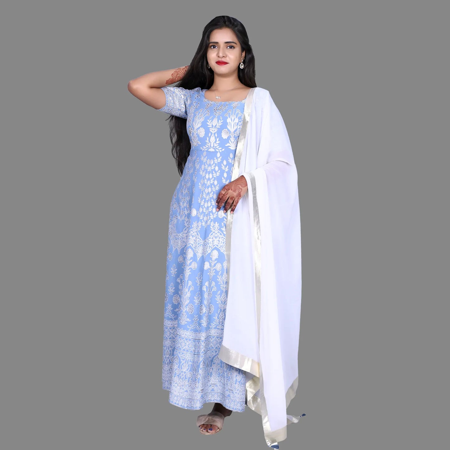 Womens Stone Blue Floral Printed Anarkali Dress with Dupatta | S3G979