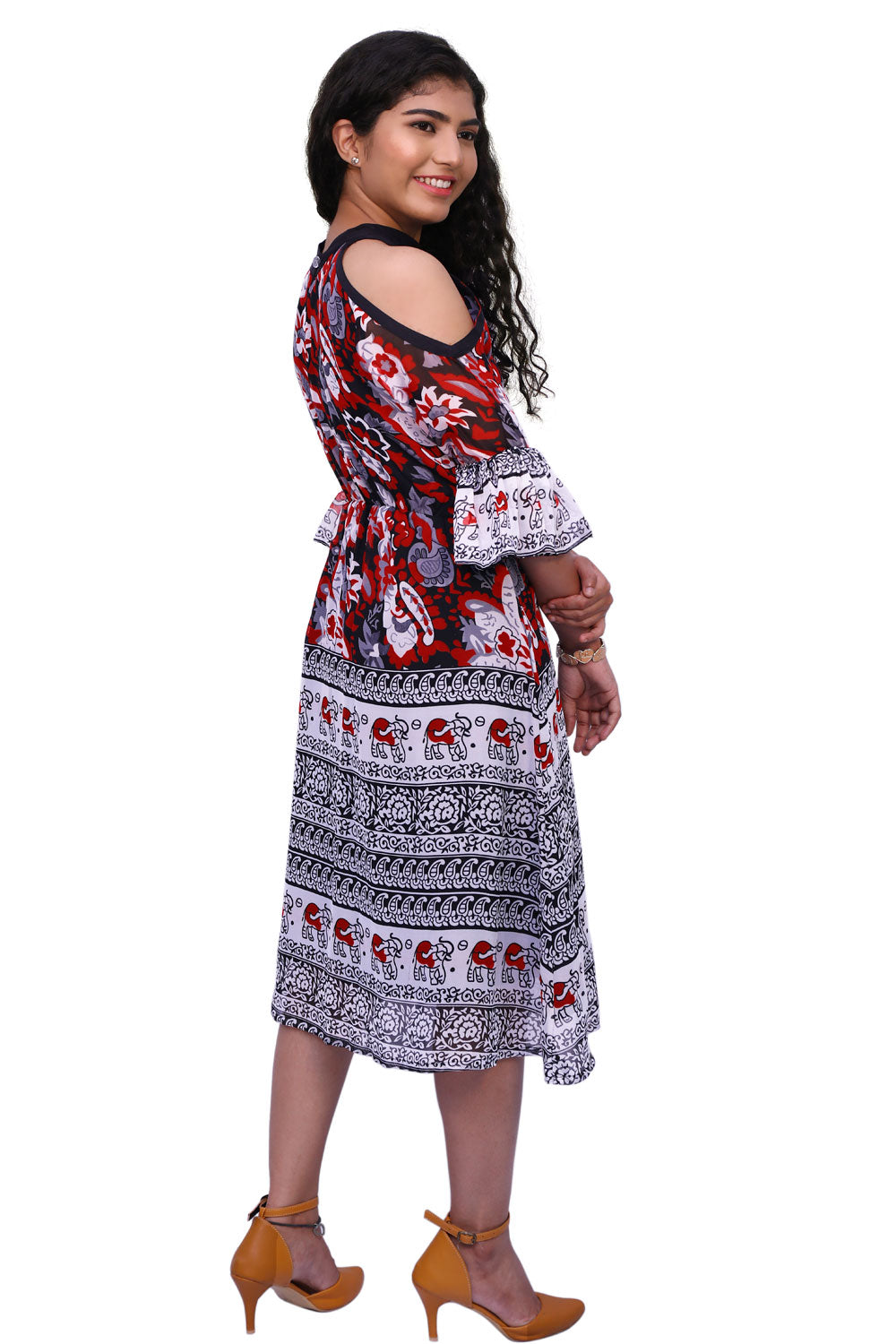 Women Fit and Flare Red, Black Dress