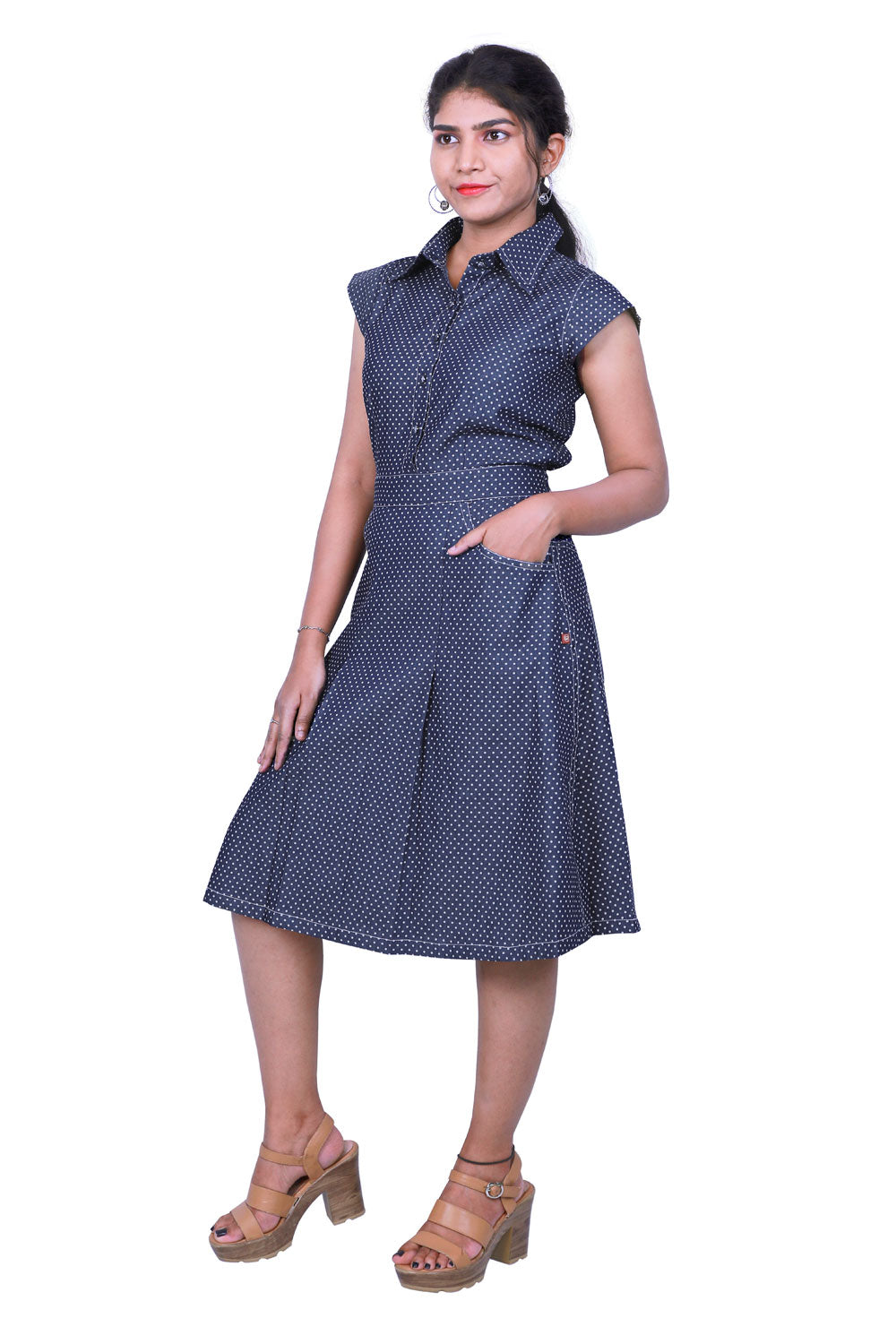 Collared A-Line Blue Dress | S3D427