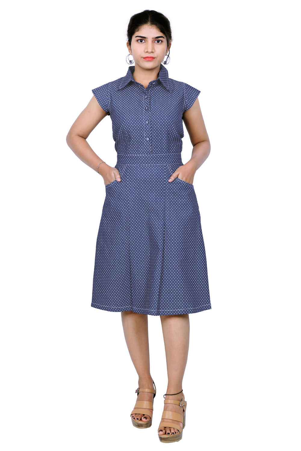 Collared A-Line Blue Dress | S3D427