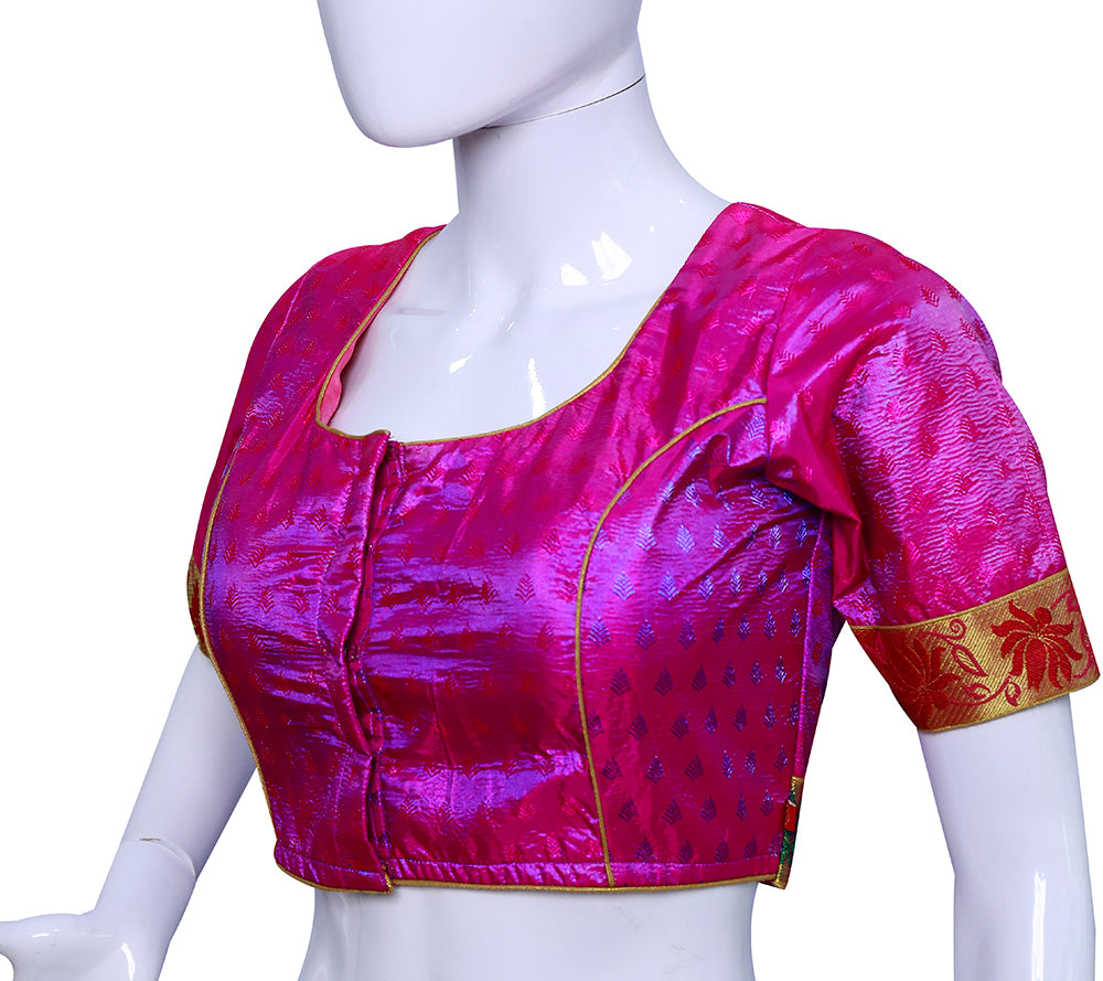 Pink Round Neck Princess Cut Pattu Blouse | S3B35