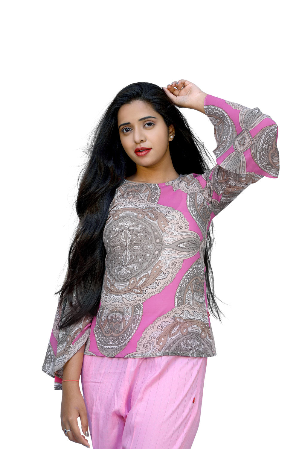 Casual Floral Print Women Grey, Pink Top | S3T368