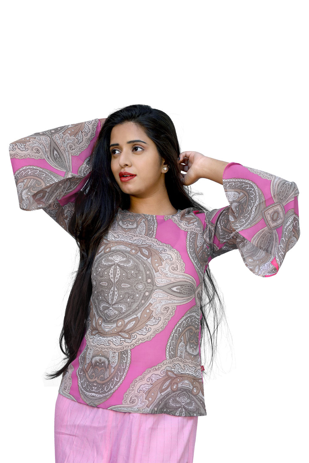 Casual Floral Print Women Grey, Pink Top | S3T368