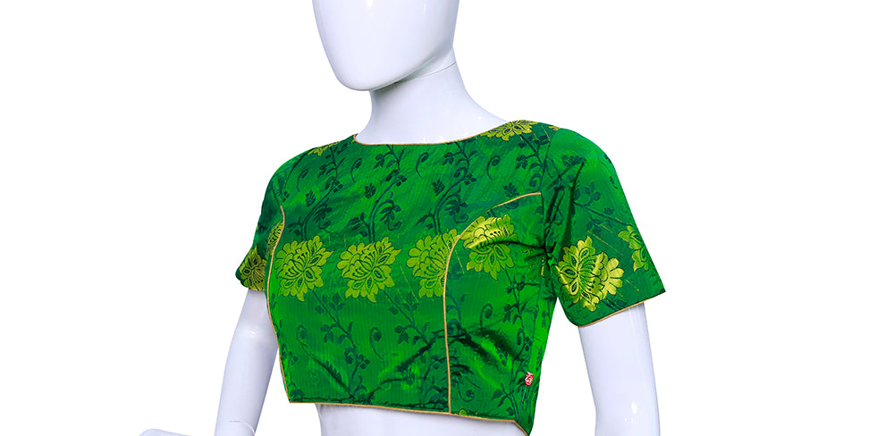 Green Printed Princess Cut Boat Neck Blouse | S3B31