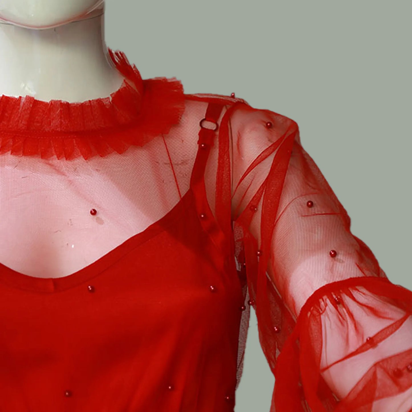 High Neck Pleated Red Net Crop Top | S3B41