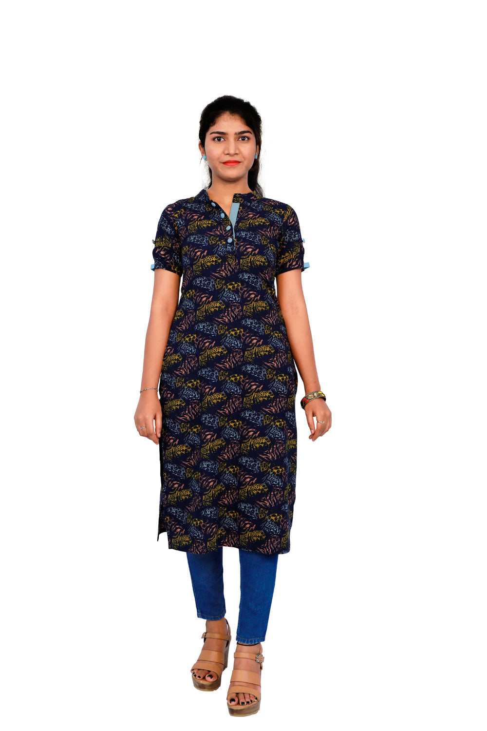 Navy Blue Leaf Printed Kurti | S3K280