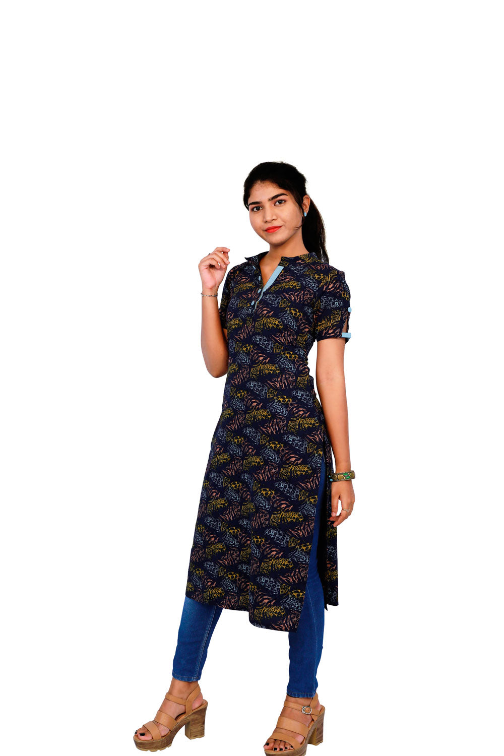 Navy Blue Leaf Printed Kurti | S3K280