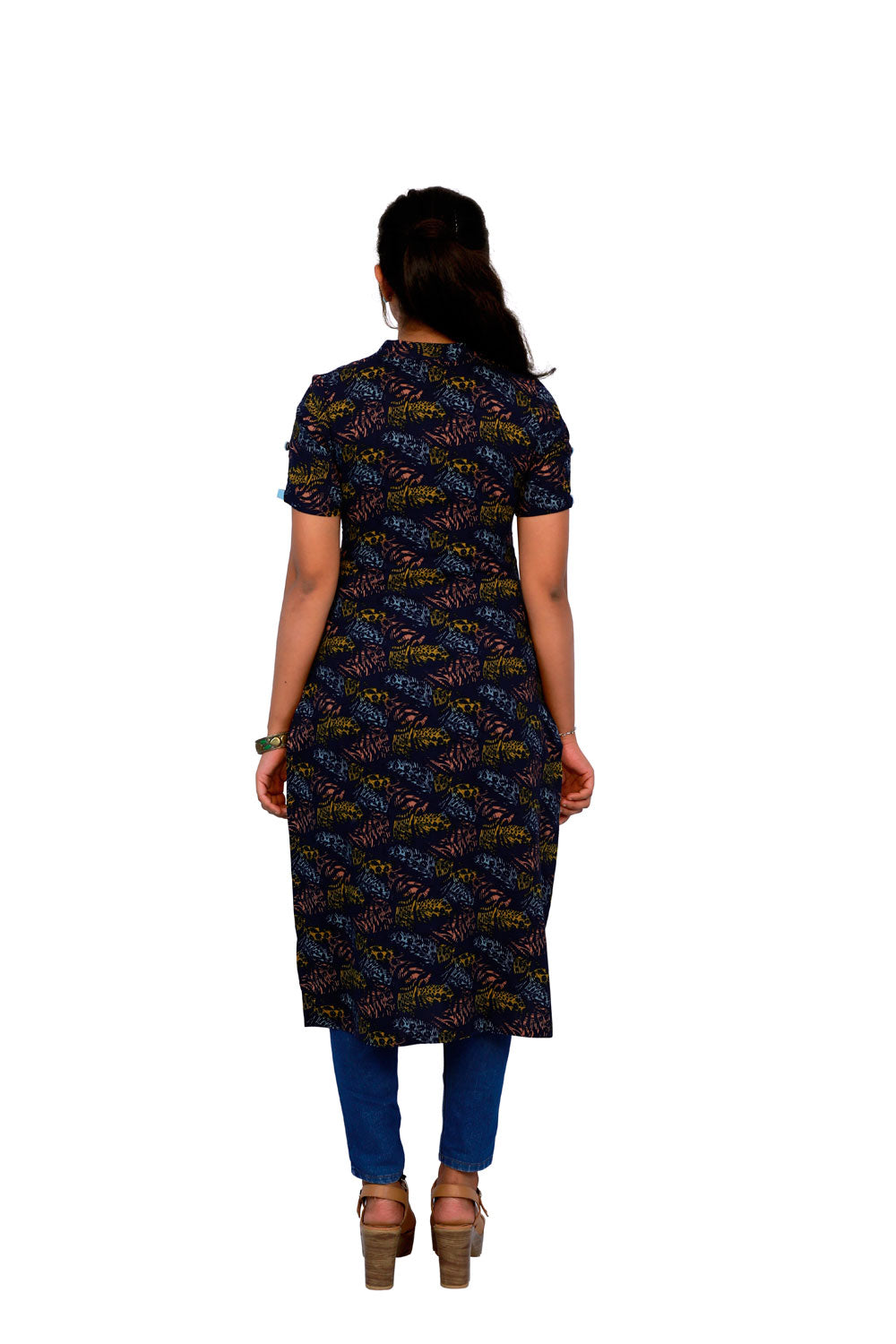 Navy Blue Leaf Printed Kurti | S3K280