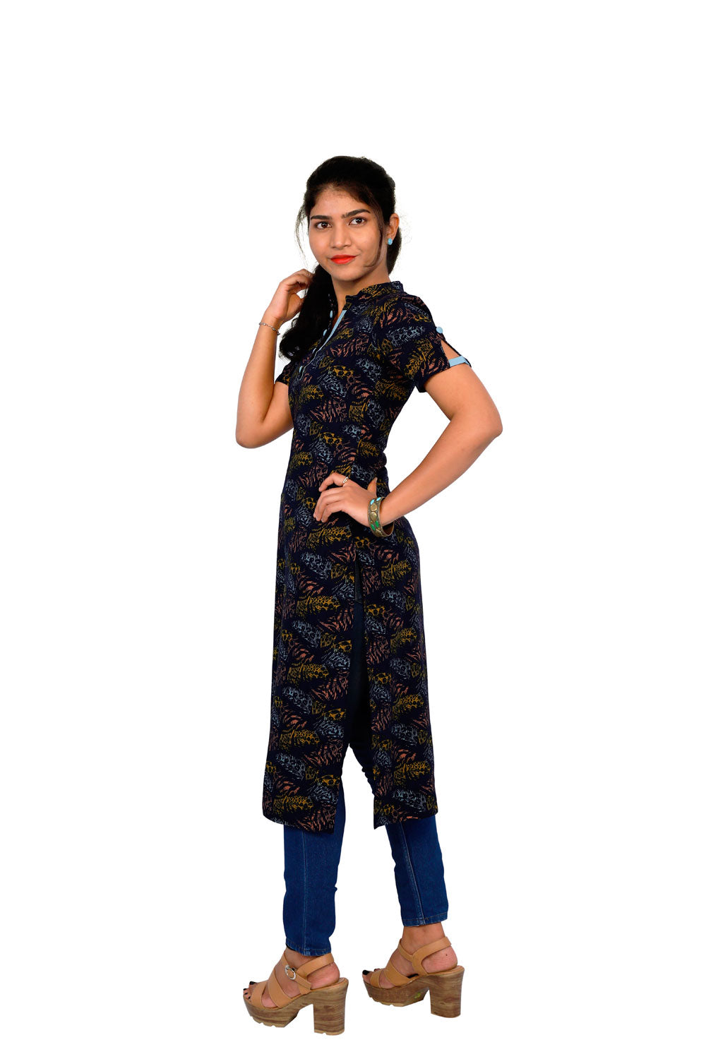Navy Blue Leaf Printed Kurti | S3K280
