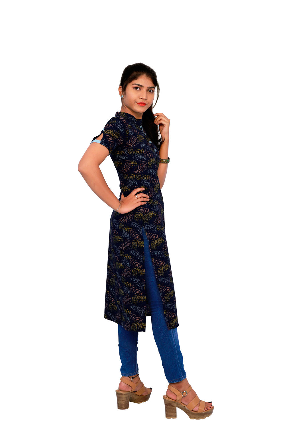 Navy Blue Leaf Printed Kurti | S3K280