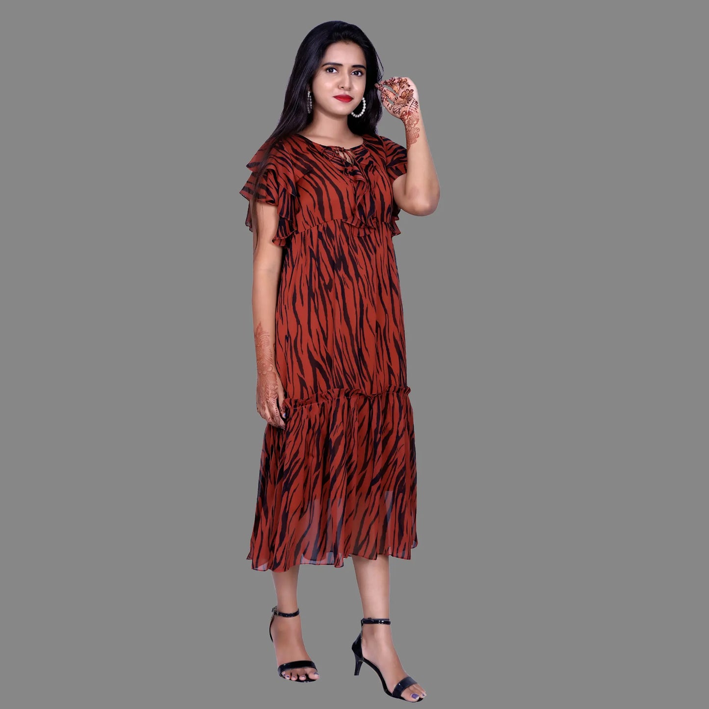 Womens Georgette Brown Printed Maxi | S3G879