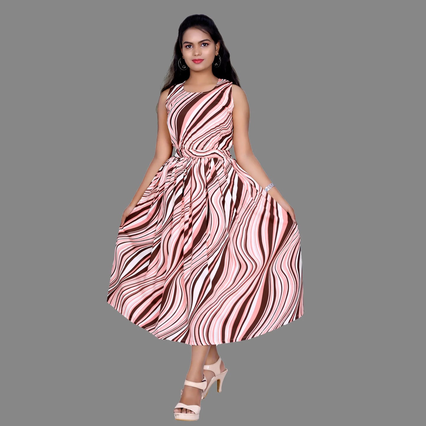 Womens Crape Brown and Peach Striped Maxi | S3G940