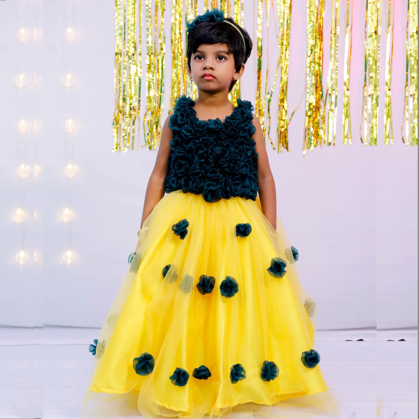 Yellow And Green Netted Frock | S3G4749