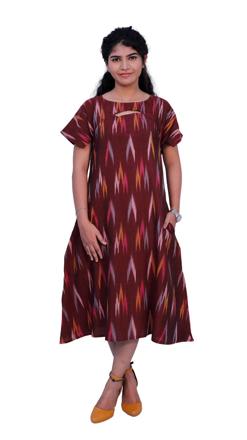 Women's Maroon Ikkat A-Line Kurta with Pockets β Stylish Comfort in Every Step | S3K575