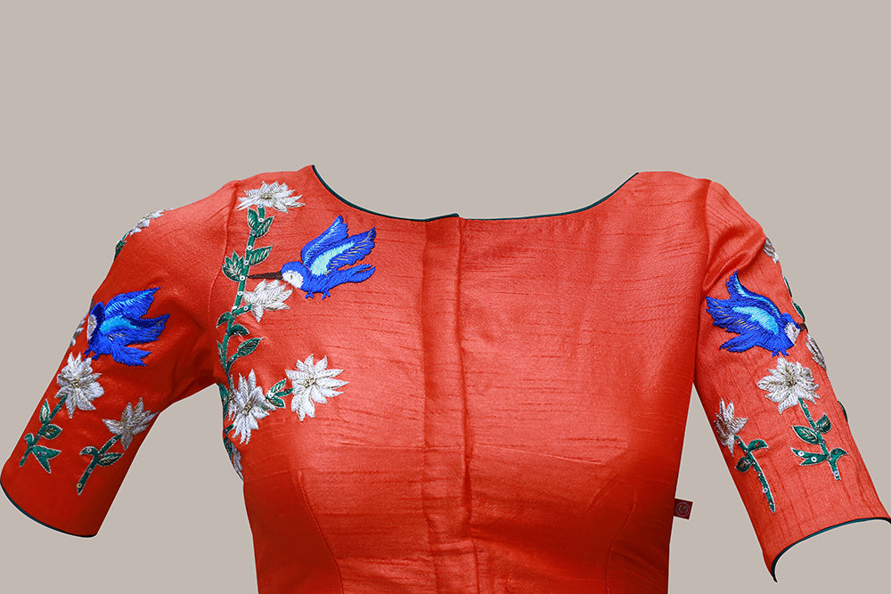 Orange Thread Work Boat Neck Blouse – Vibrant Elegance for Every Occasion | S3 Fashions | S3MB3