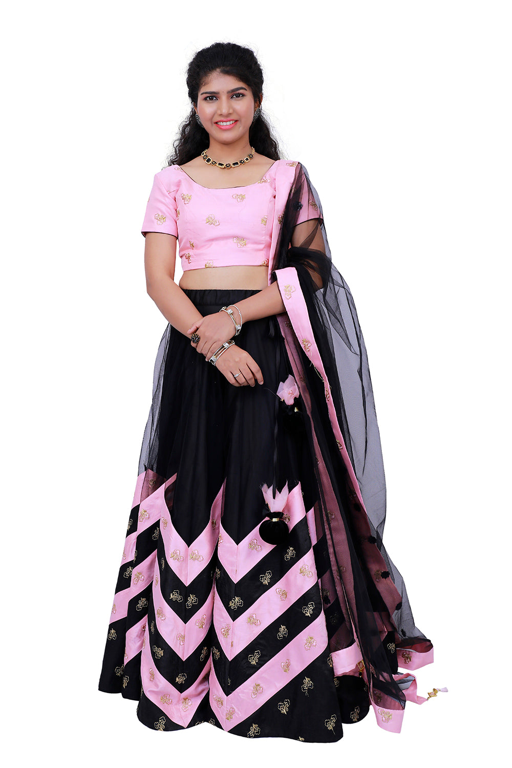 Black and Pink Netted Flared Lehenga Choli | S3BL783