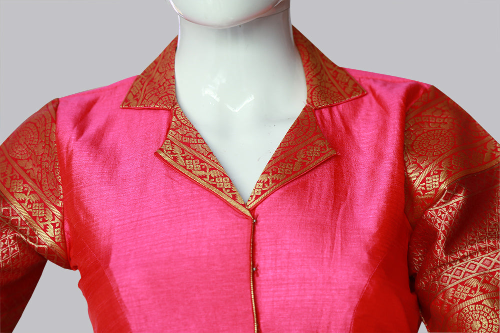 Suit Collared Pink Banaras Pattu Blouse – Grace with a Touch of Structure | S3 Fashions | S3B51