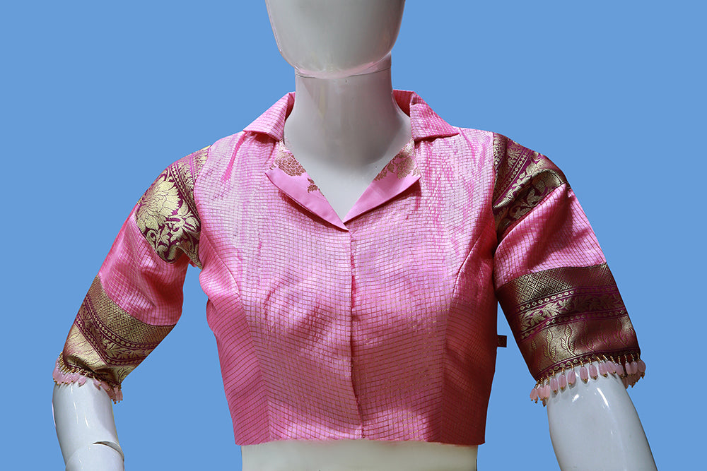 Blazer Collar Neck pure silk pattu Blouse with Patches On Sleeves S3