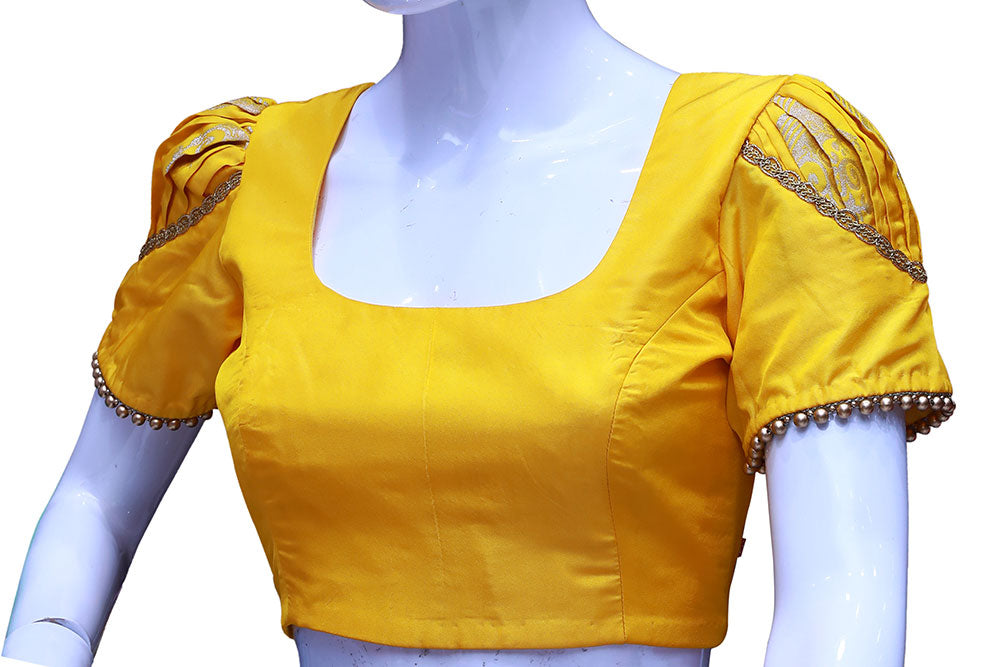 Women’s Yellow Embellished Blouse with Lace & Puff Sleeves – Festive Chic | S3 Fashions | S3B18