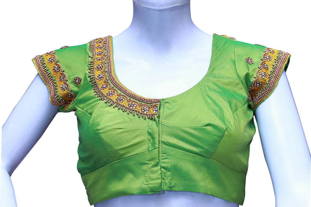 Women Solid Green Silk Round neck with maggam Embellished Blouse | S3MB22