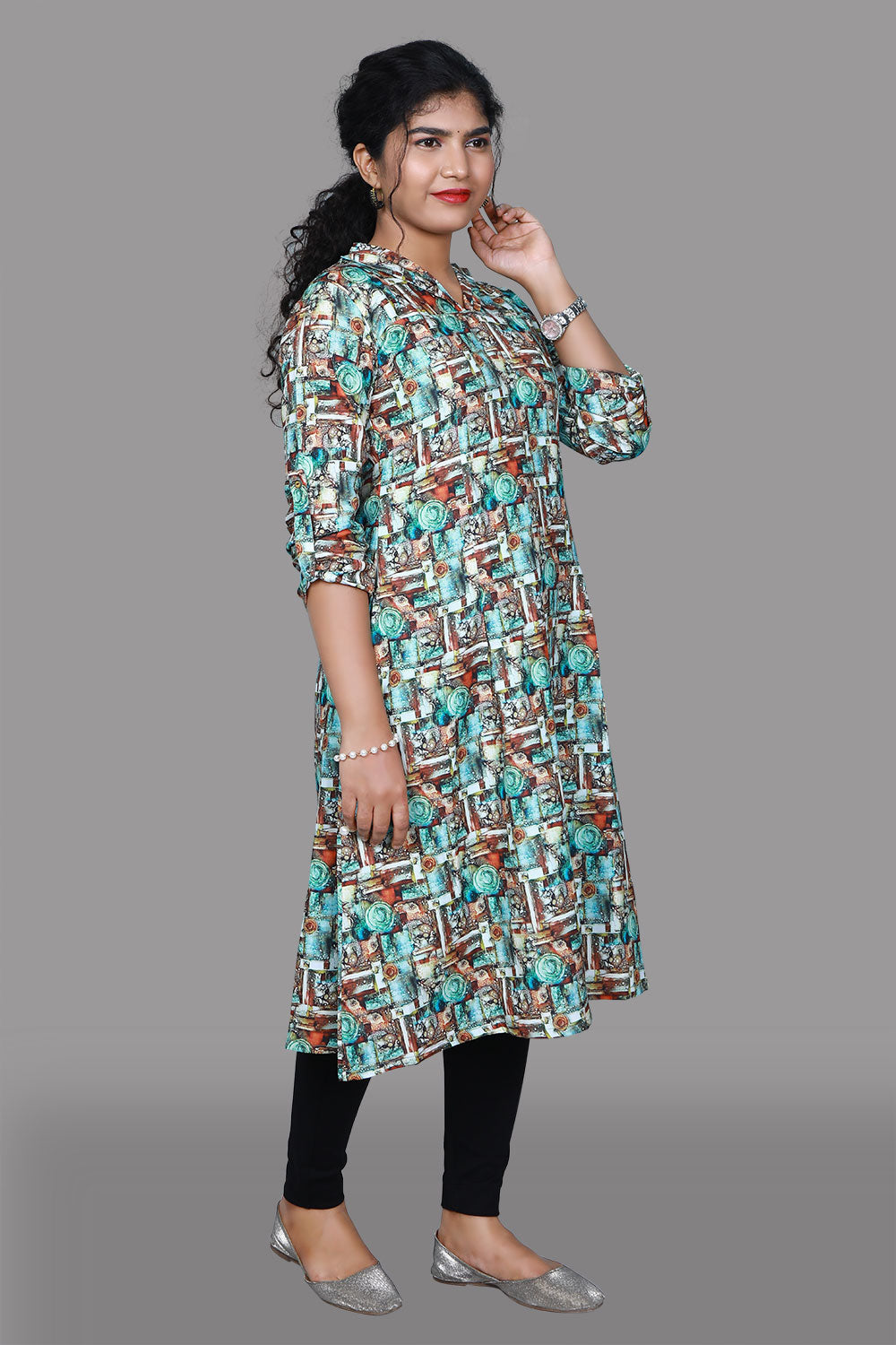Multi-Color Abstract Print A-Line Kurti | Vibrant & Contemporary Ethnic Wear | S3K931