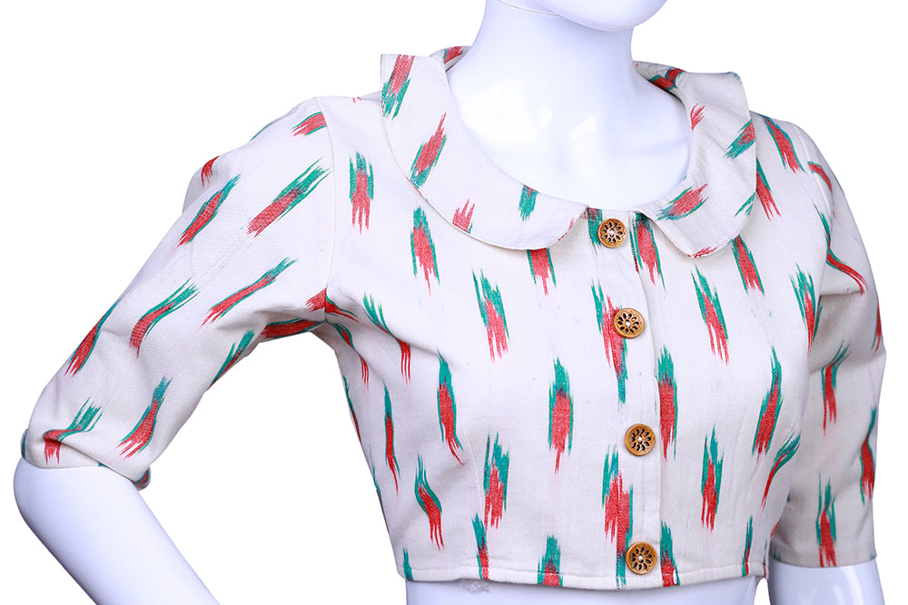 Round Collar Embellished with Wooden buttons Ikat Elbow Sleeves Blouse | S3B24