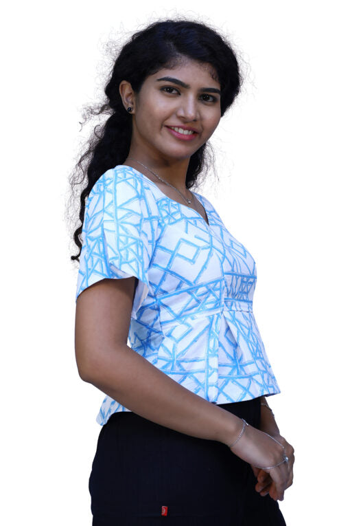 Women White and Blue Casual Printed Top | S3CT847