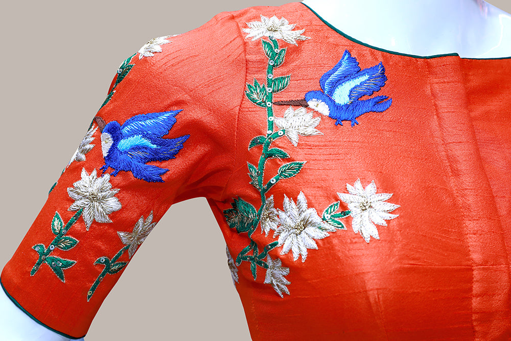 Orange Thread Work Boat Neck Blouse β Vibrant Elegance for Every Occasion | S3 Fashions | S3MB3