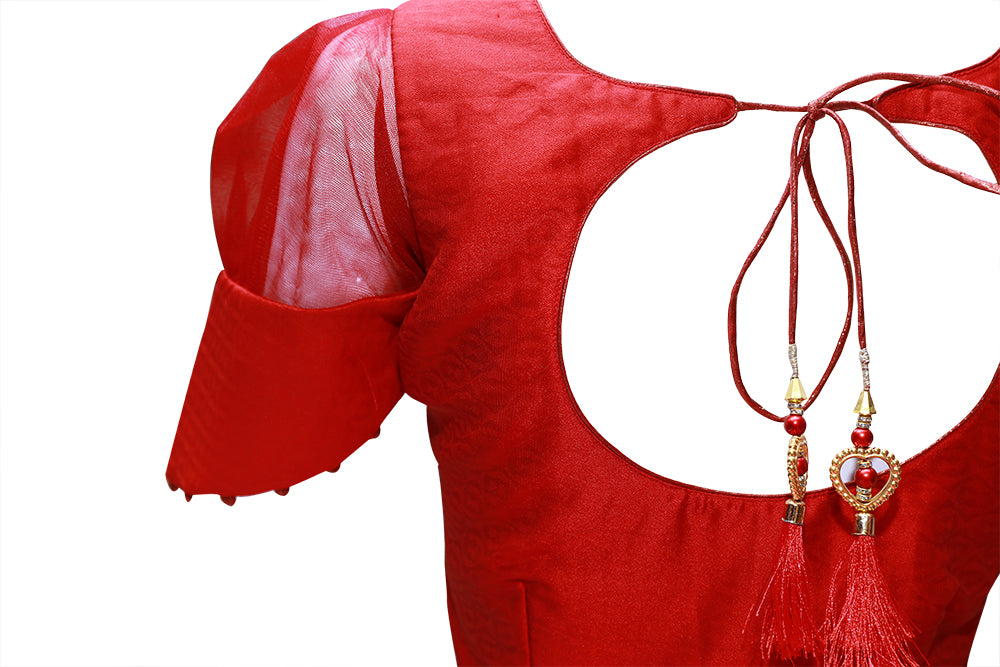 Women Red Princess Cut Regular Net Puff Sleeves Ready Made Blouse | S3B7