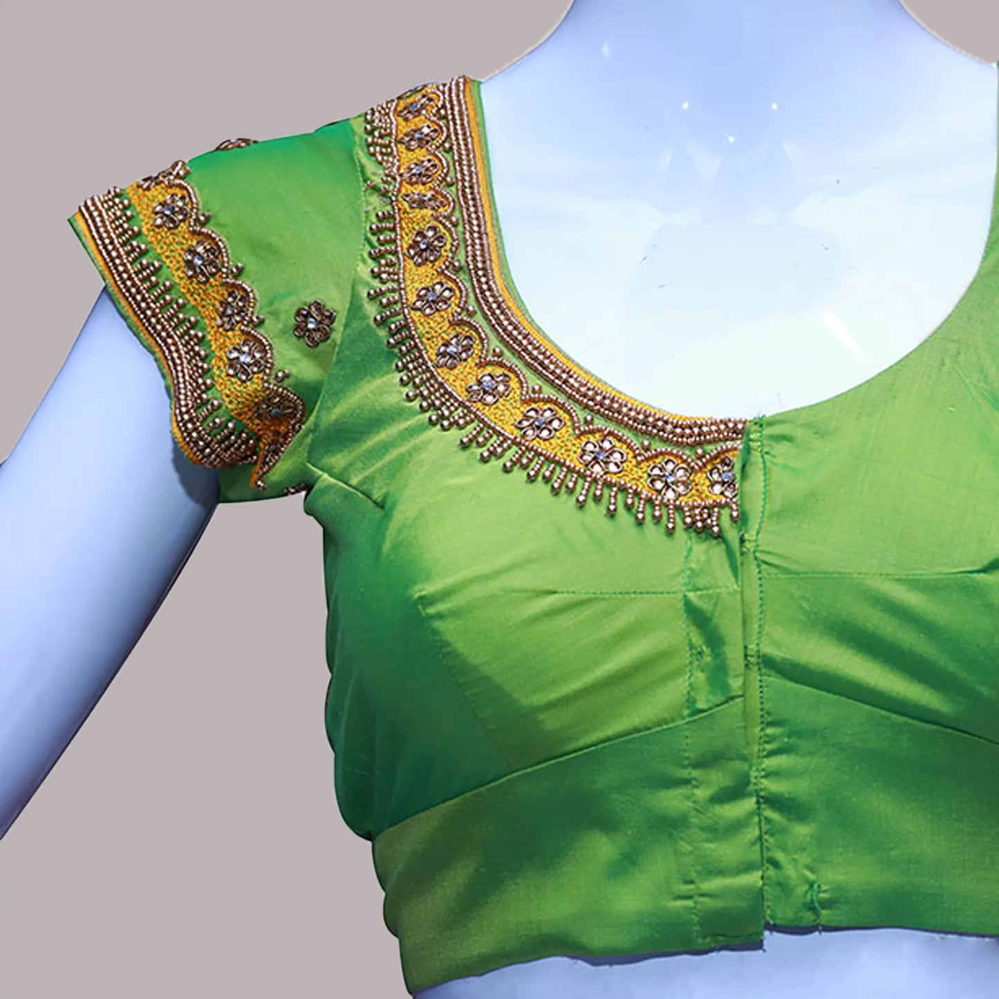 Women Solid Green Silk Round neck with maggam Embellished Blouse | S3MB22